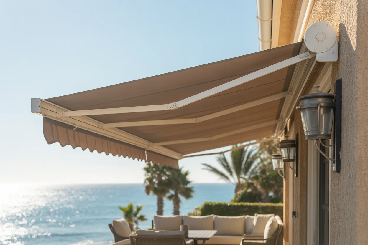 Fixed fabric awning over windows on Venice, FL home facade