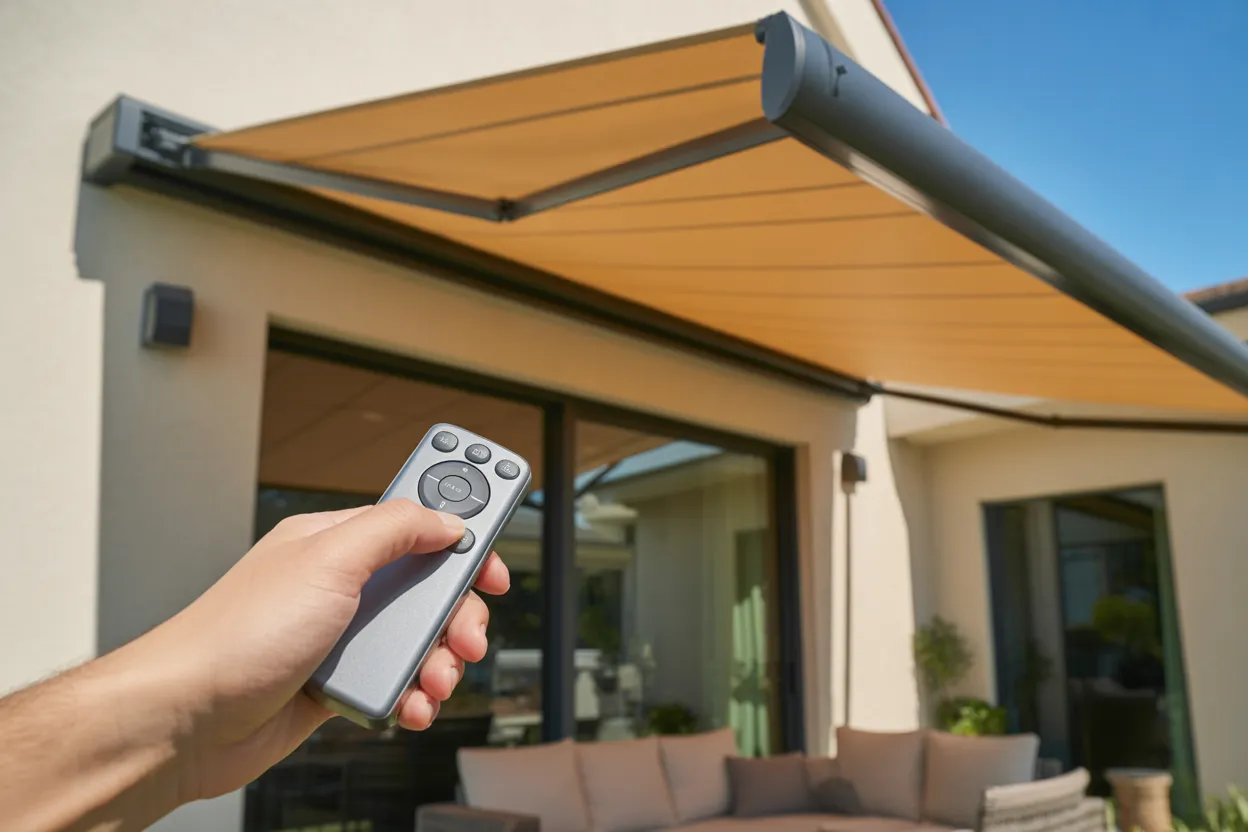 Motorized retractable patio awning deployed over outdoor living space in Venice, FL